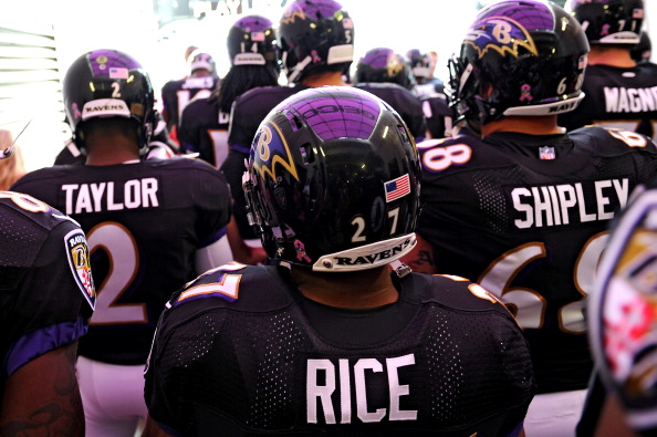 BALTIMORE, MD - OCTOBER 13: Running back Ray Rice #27 of the Baltimore Ravens stands in the tunnel before being introduced in an NFL game against the Green Bay Packers at M&T Bank Stadium on October 13, 2013 in Baltimore, Maryland. (Photo by Patrick Smith/Getty Images)