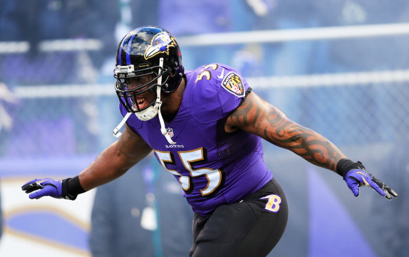 BALTIMORE, MD - NOVEMBER 24: Outside linebacker Terrell Suggs #55 of the Baltimore Ravens takes the field before the start of the Ravens and New York Jets game at M&T Bank Stadium on November 24, 2013 in Baltimore, Maryland.  (Photo by Rob Carr/Getty Images)