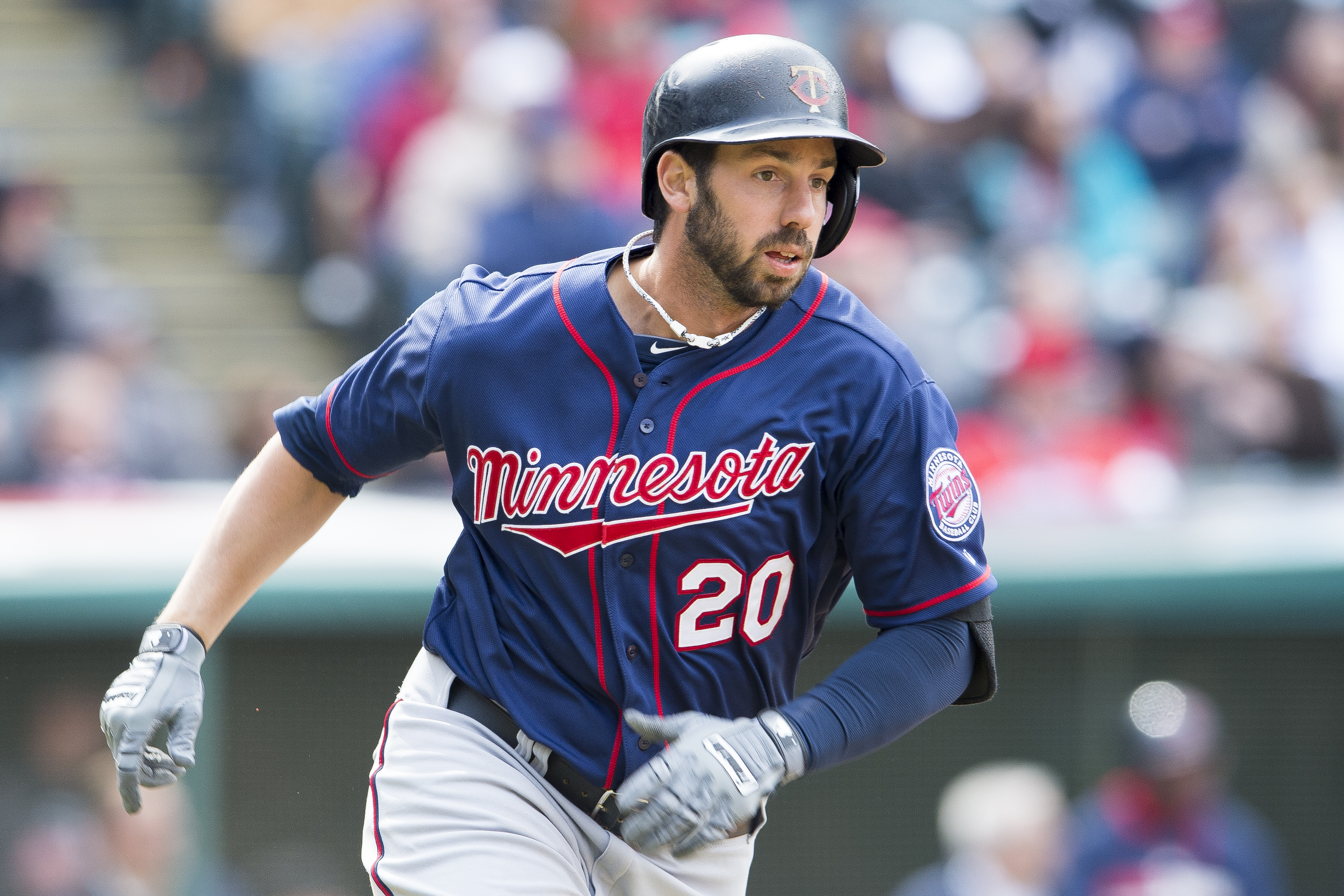 CLEVELAND, OH - APRIL 6: Chris Colabello #20 of the Minnesota Twins runs the bases after hiting a three RBI double during the sixth inning against the Cleveland Indians at Progressive Field on April 6, 2014 in Cleveland, Ohio.