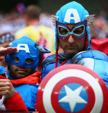 United States fans dressed as Captain America look on during the 2014 FIFA World Cup Brazil group G match between the United States and Germany (credit: Kevin C. Cox/Getty Images)
