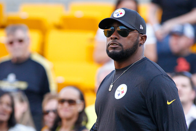 PITTSBURGH, PA - AUGUST 16:  Head Coach Mike Tomlin of the Pittsburgh Steelers looks on during warmups prior to the game against the Buffalo Bills at Heinz Field on August 16, 2014 in Pittsburgh, Pennsylvania.