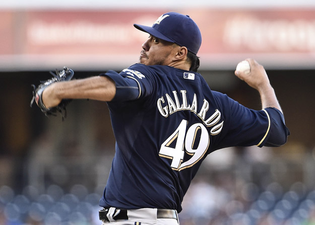 SAN DIEGO, CA - AUGUST 27:  Yovani Gallardo #49 of the Milwaukee Brewers pitches during the first inning of a baseball game against the San Diego Padres at Petco Park August, 27, 2014 in San Diego, California.