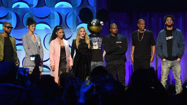 Usher, Rihanna, Nicki Minaj, Madonna, Deadmau5, Kanye West, JAY Z, and J. Cole onstage at the Tidal launch event #TIDALforALL at Skylight at Moynihan Station on March 30, 2015 in New York City.  (Photo by Jamie McCarthy/Getty Images)