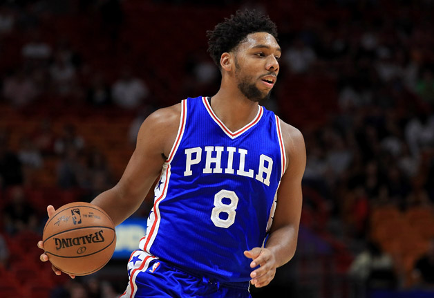 Jahlil Okafor #8 of the Philadelphia 76ers looks to pass during a preseason game against the Miami Heat at American Airlines Arena on October 21, 2016 in Miami, Florida. 
