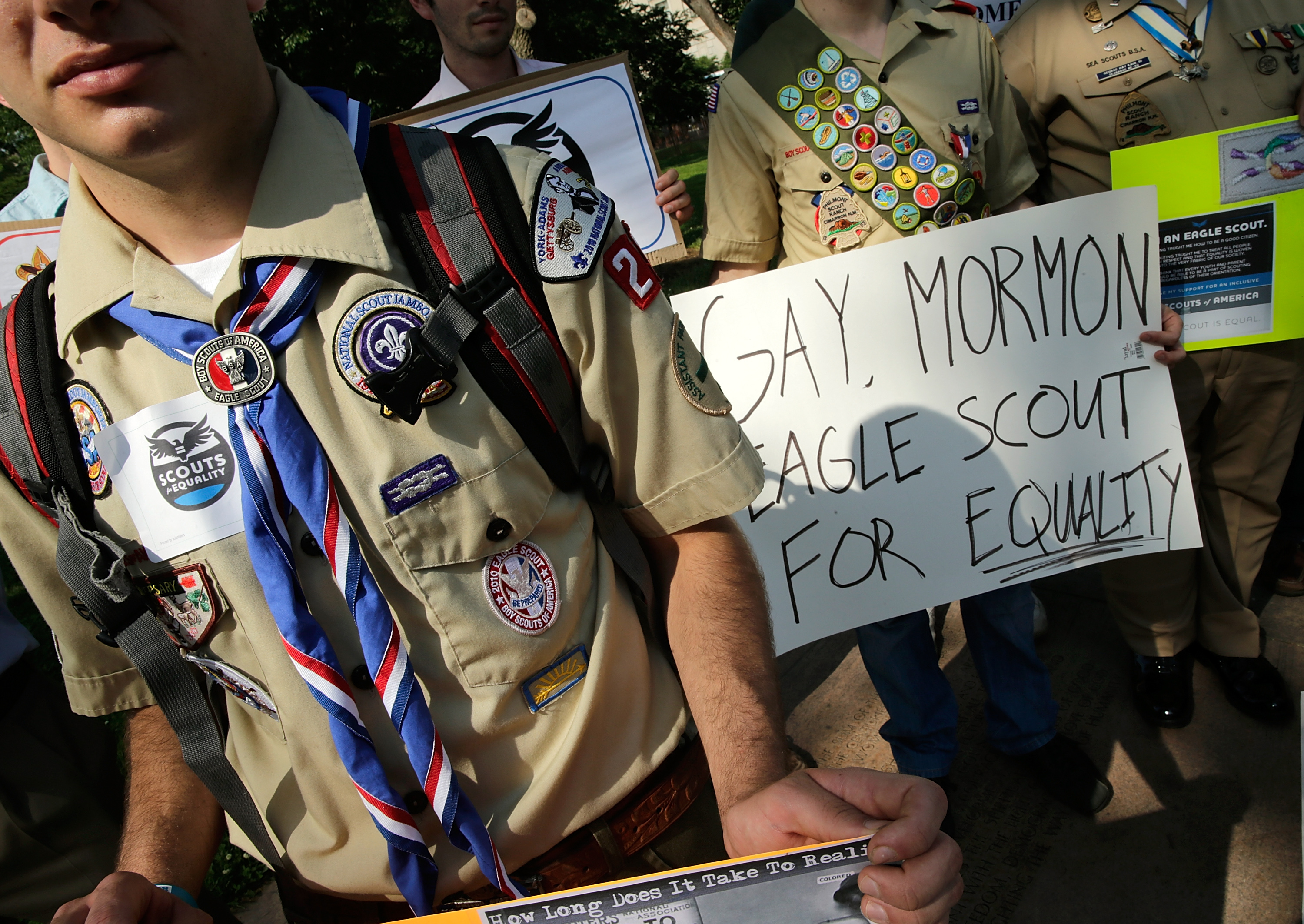 Members of Scouts for Equality hold a rally to call for equality and inclusion for gays in the Boy Scouts of America as part of the 'Scouts for Equality Day of Action' in Washington, DC.