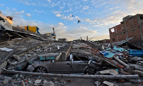 Picture showing the destruction in Manta, Ecuador, on April 17, 2016 a day after a powerful 7.8-magnitude quake hit the country. The toll from the big earthquake in Ecuador rose on Sunday to 246 dead and 2,527 people injured, the country's vice president said. / AFP / LUIS ACOSTA (Photo credit should read LUIS ACOSTA/AFP/Getty Images)